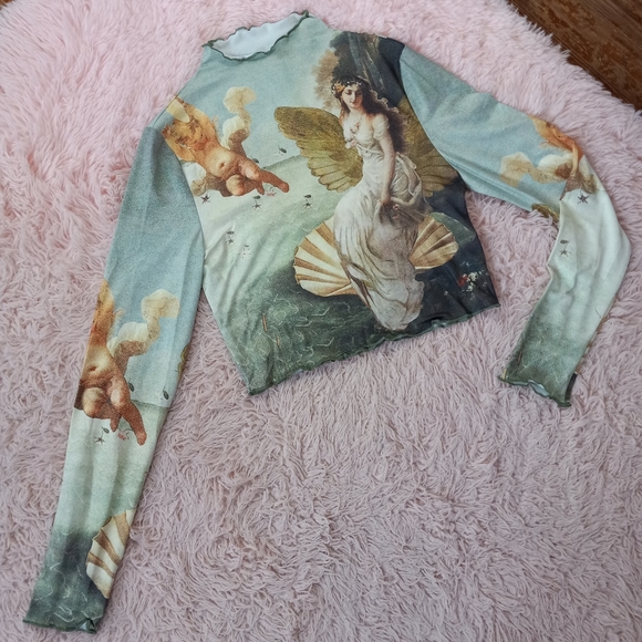 Renaissance angel art silky lettuce edged crop top! Nwot! So cute! - Picture 2 of 9